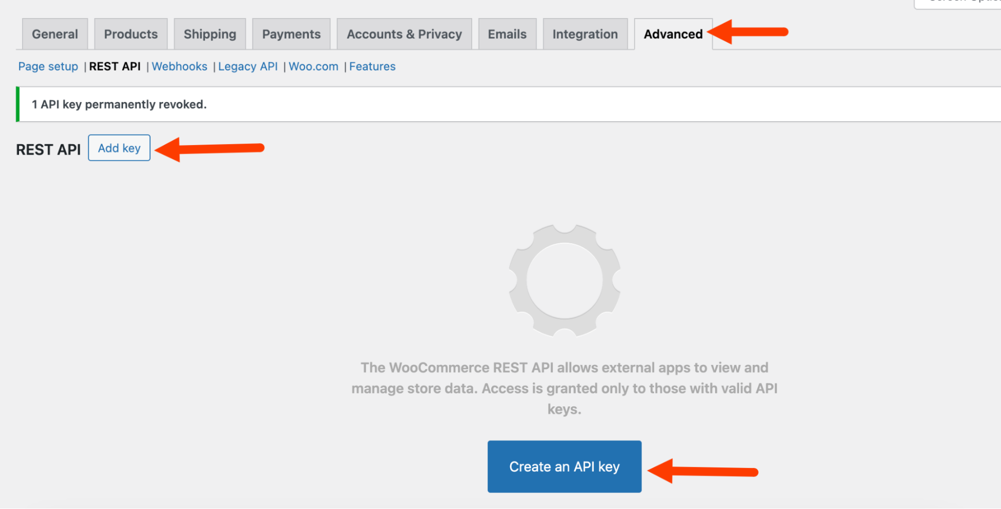 Page des informations d'identification de la clé API.