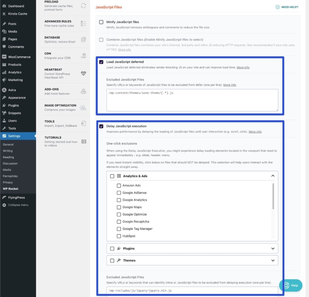 L'interfaccia del plugin WP Rocket che consente di ottimizzare completamente il codice JavaScript del sito.