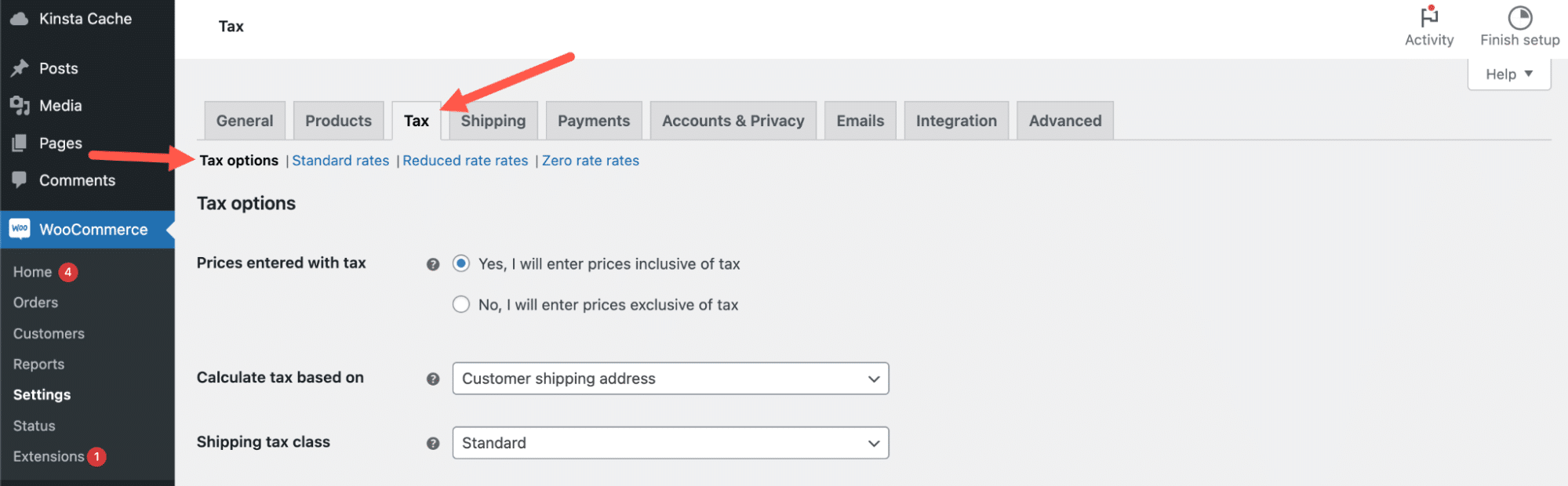 Access all tax settings in WooCommerce settings