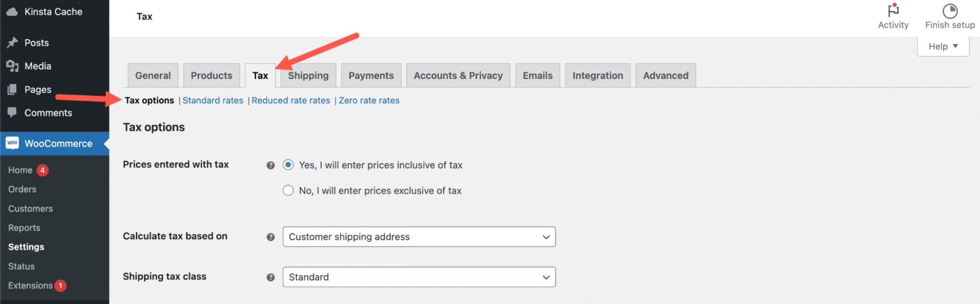 Accédez à tous les paramètres de taxes dans les réglages de WooCommerce.