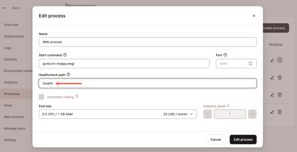 Screenshot des Dialogs Prozess bearbeiten im MyKinsta-Dashboard.