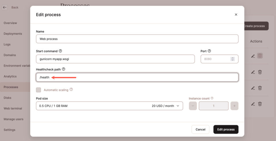 Ajout d'un chemin de contrôle de santé au processus web d'une application.