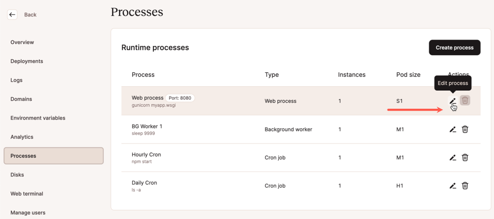Captura de pantalla que muestra la lista de procesos de una aplicación en el panel de MyKinsta.