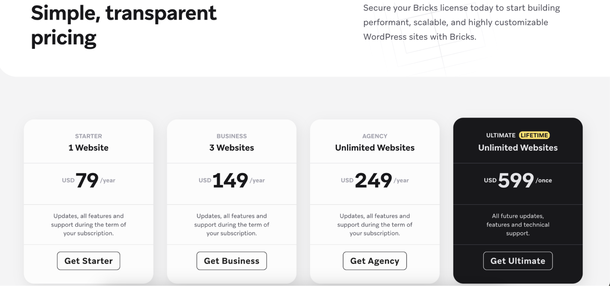 Estructura de precios de Bricks Builder.