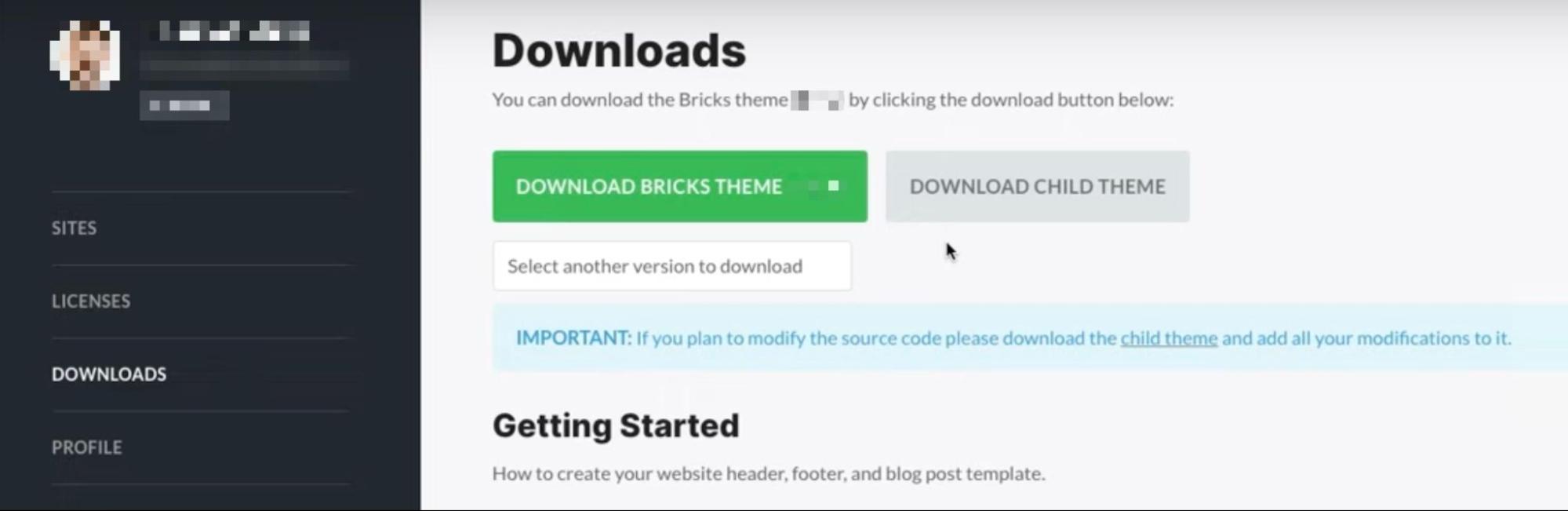 Bricks dashboard to download Bricks theme