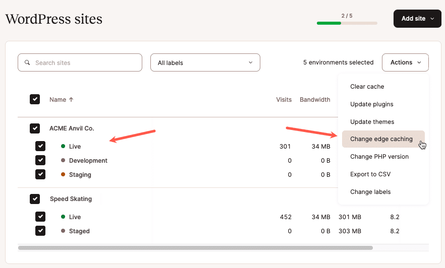 Screenshot showing multiple environments selected in the WordPress Sites list.