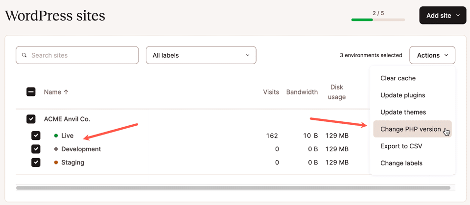 Skærmbillede, der viser rullemenuen Handlinger i MyKinsta.