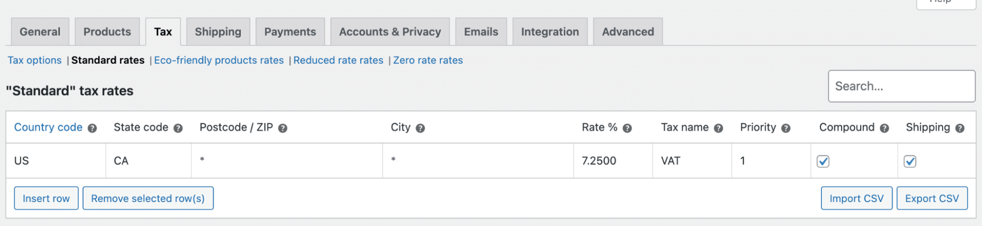 Page des réglages de taxe de WooCommerce avec les détails du taux de taxe pour la Californie aux États-Unis remplis.