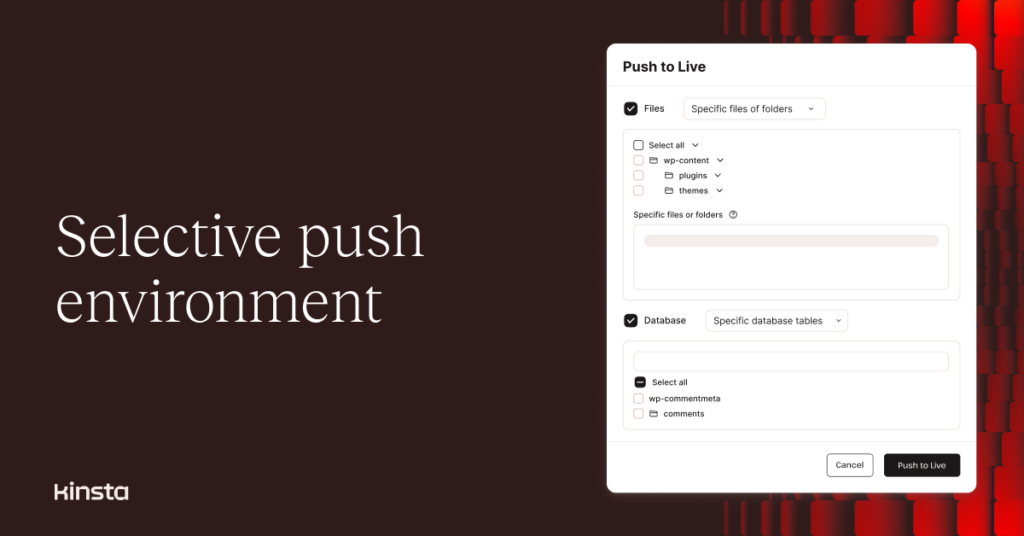 Illustration representing the WordPress staged-site deployment feature in MyKinsta and the words, 'Selective push environment.'