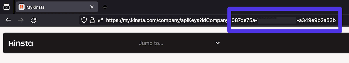 De adresbalk van een browser toont een deel van een URL van het domein my.kinsta.com. De tekst is donkergrijs op een lichtgrijze achtergrond, met het laatste segment paars gemarkeerd, waarmee de bedrijfs-ID wordt benadrukt.