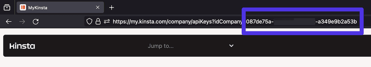 A browser address bar showing part of a URL from the my.kinsta.com domain. The text is dark gray on a light gray background, with the last segment highlighted in purple, highlighting the Company ID.