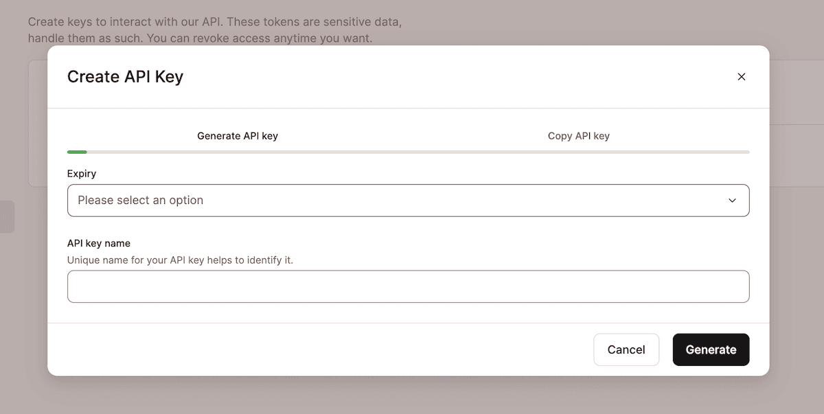 The Create API Key modal dialog that prompts you to select an expiry option from a drop-down menu, and enter a unique name to identify your API key.