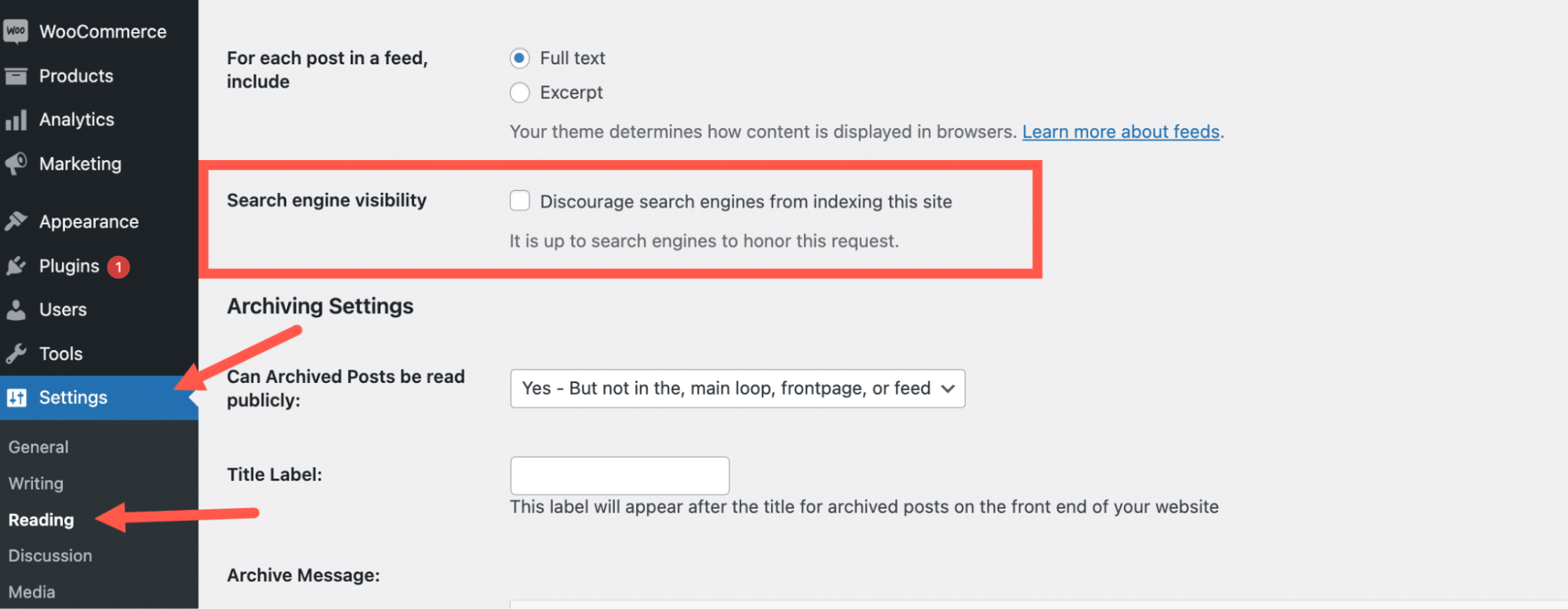 Pantalla de configuración de lectura de WordPress para disuadir a los motores de búsqueda de indexar el sitio resaltada