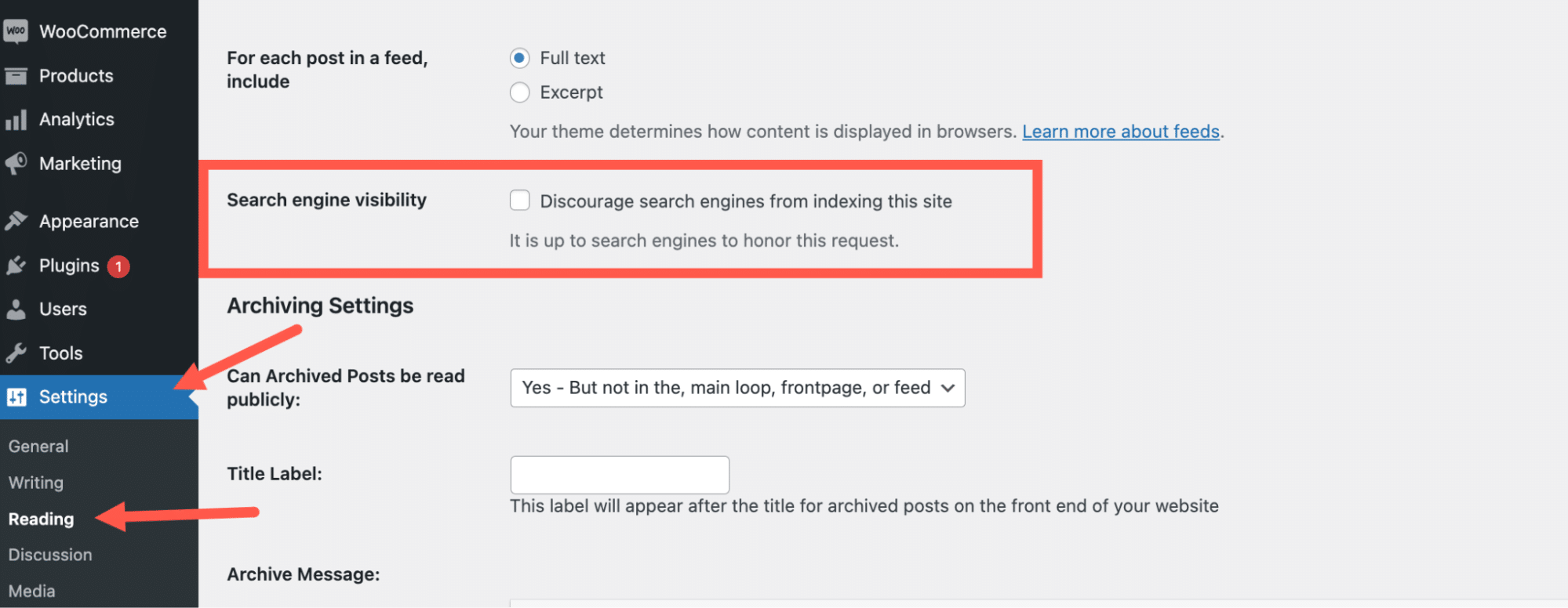 Tela de configurações de leitura do WordPress com itens em destaque para prevenir que os mecanismos de pesquisa indexem o site.