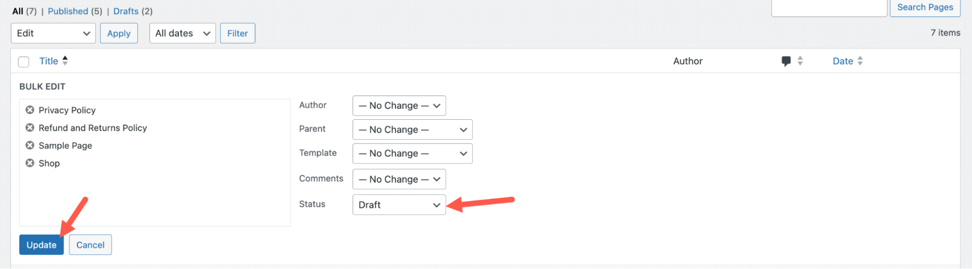 État Brouillon sélectionné dans le menu de modification groupée.