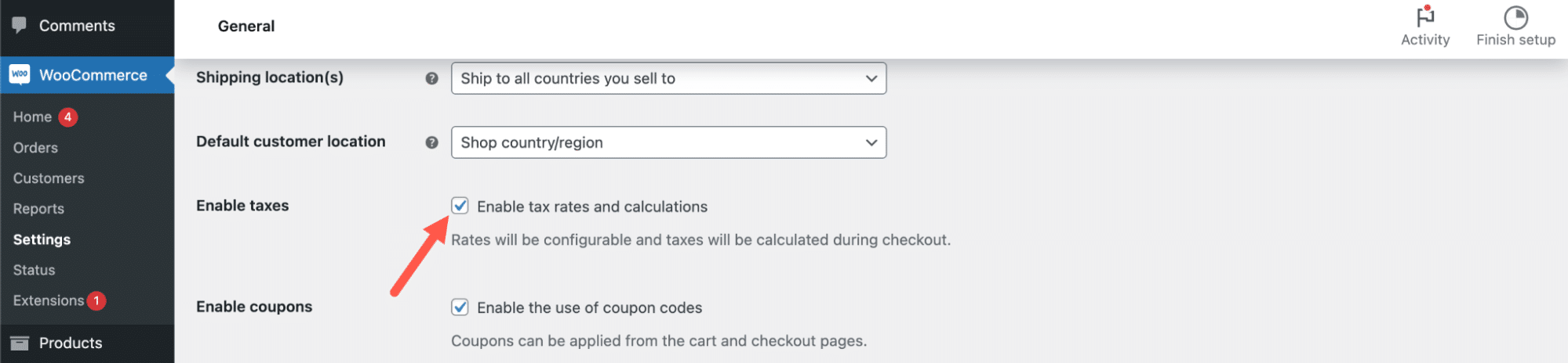Ative as taxas e cálculos de impostos no WooCommerce.