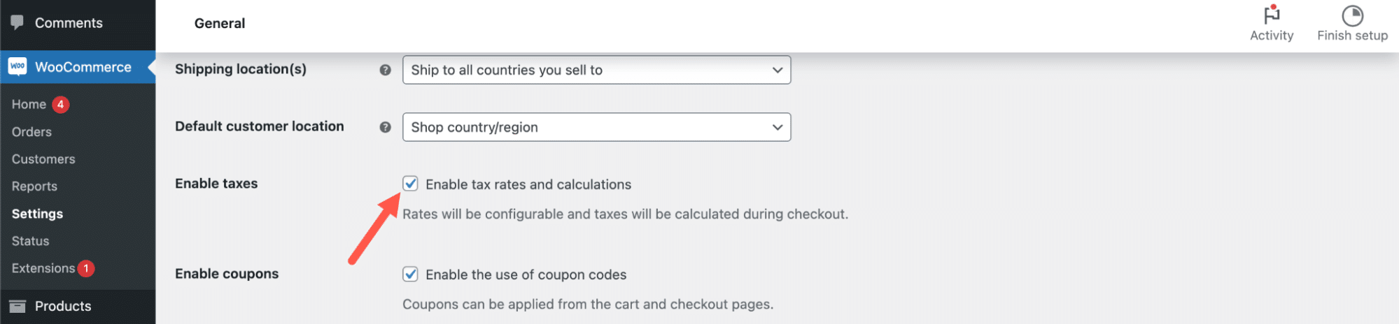 Activez les taux de taxe et les calculs dans WooCommerce.