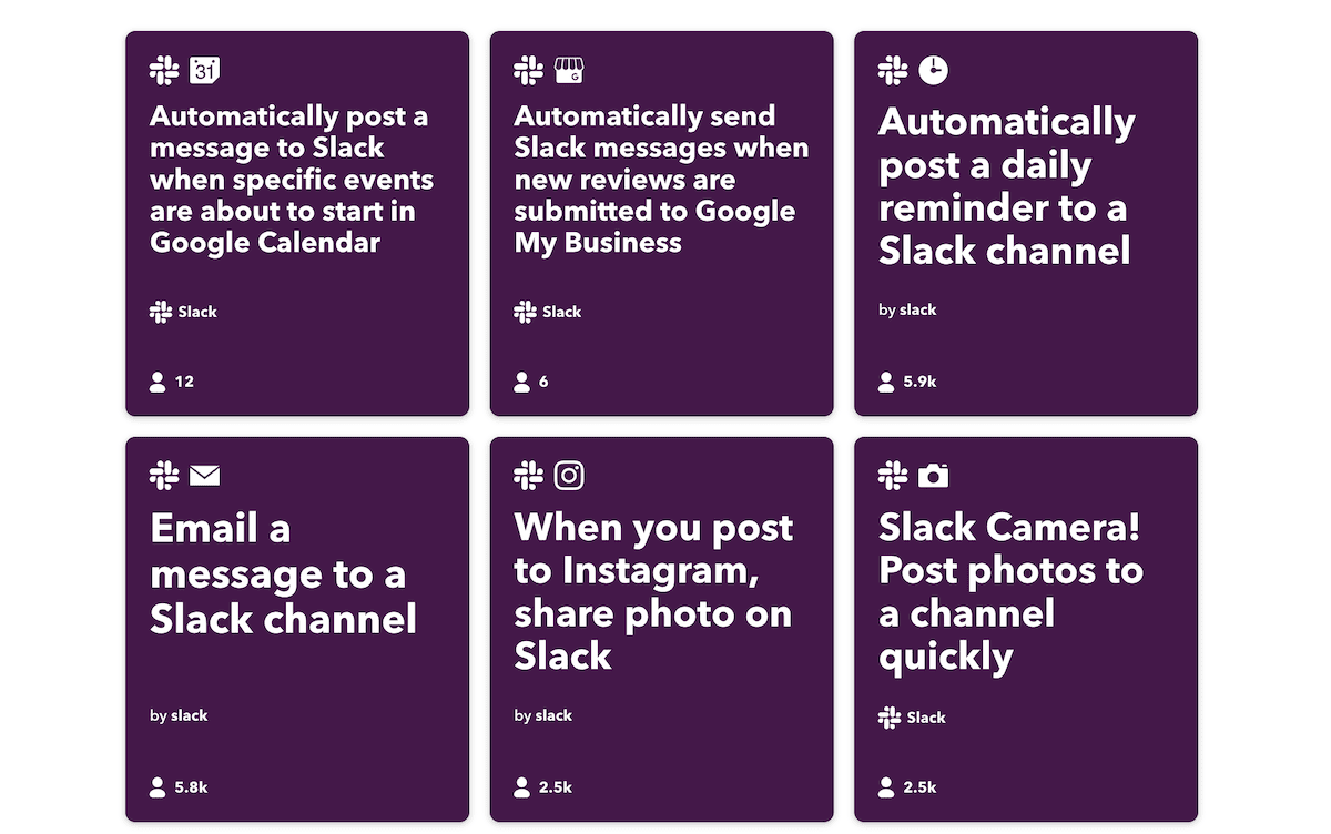 Un conjunto de seis tarjetas rectangulares, cada una de las cuales presenta una idea de automatización diferente que integra Slack con otras aplicaciones. Las tarjetas tienen un fondo morado con texto blanco y negro. Los ejemplos de automatización incluyen publicar recordatorios de eventos de Google Calendar en Slack, compartir fotos de Instagram en Slack y enviar mensajes recordatorios diarios a un canal de Slack. El logotipo del hashtag de Slack aparece en cada tarjeta.