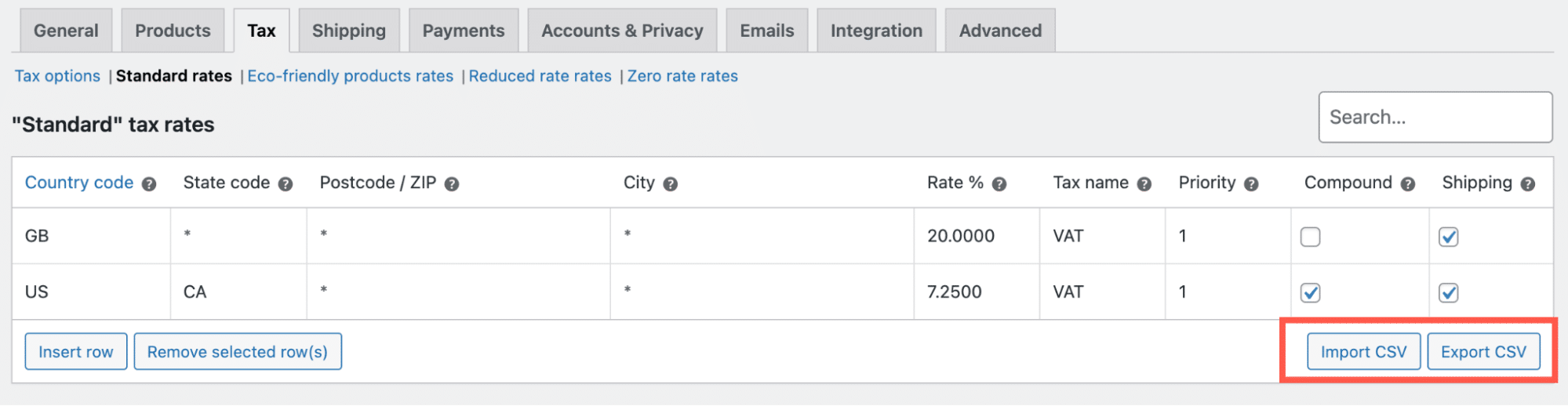 Page des réglages de taxes de WooCommerce avec les options d'importation et d'exportation de fichiers CSV.