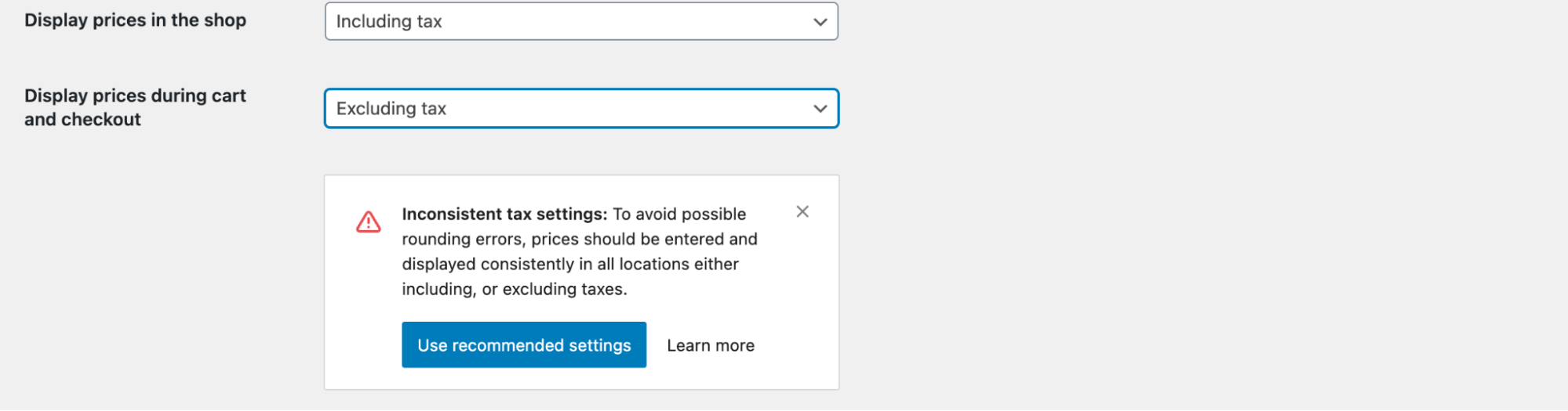 Configuración inconsistente de impuestos incluidos y excluidos.