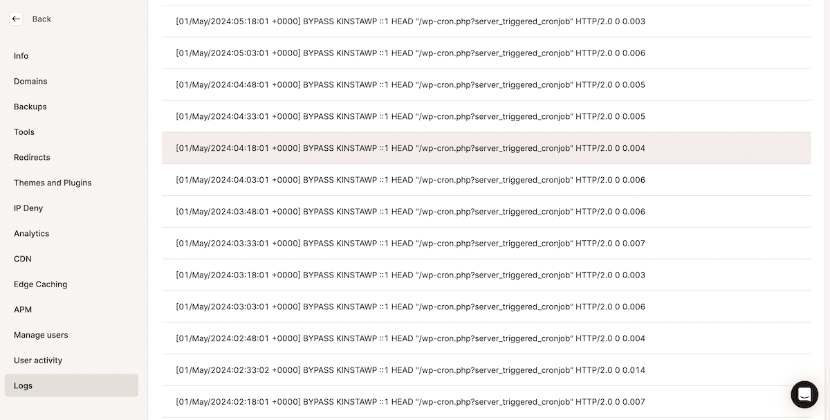 Ein Protokollfenster aus dem MyKinsta-Dashboard. Es zeigt eine Liste von protokollierten Einträgen mit Zeitstempel im Format „[DATUM/ZEIT] BYPASS KINSTANWP :-1 HEAD '/wp-cron.php?server_triggered_cronjob' HTTP/2.0 0.0 [RESPONSE_TIME]” an.