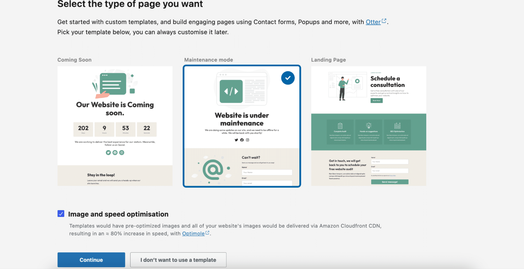 Le menu de l'extension LightStart avec les options pour sélectionner le type de page, avec le bouton Continue.