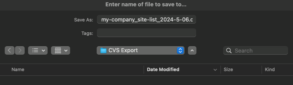 Captura de pantalla que muestra el cuadro de diálogo Guardar archivo para una exportación CSV masiva.
