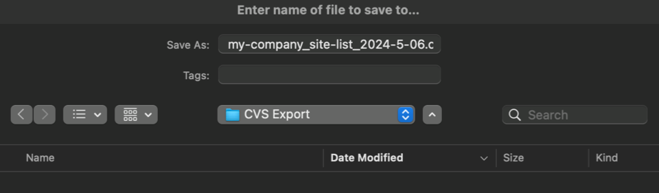 Spara en CSV-fil som innehåller information om de miljöer som valts för massåtgärd.