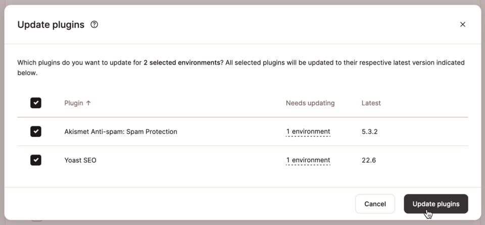 Screenshot showing the Update Plugins bulk action dialog in MyKinsta.