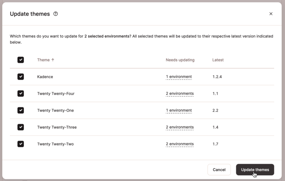 Screenshot showing the Update Themes bulk action dialog in MyKinsta.