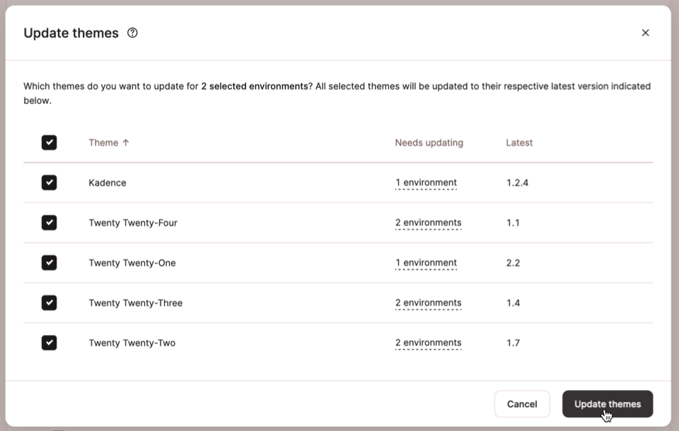 Screenshot showing the Update Themes Bulk Action dialog in MyKinsta.