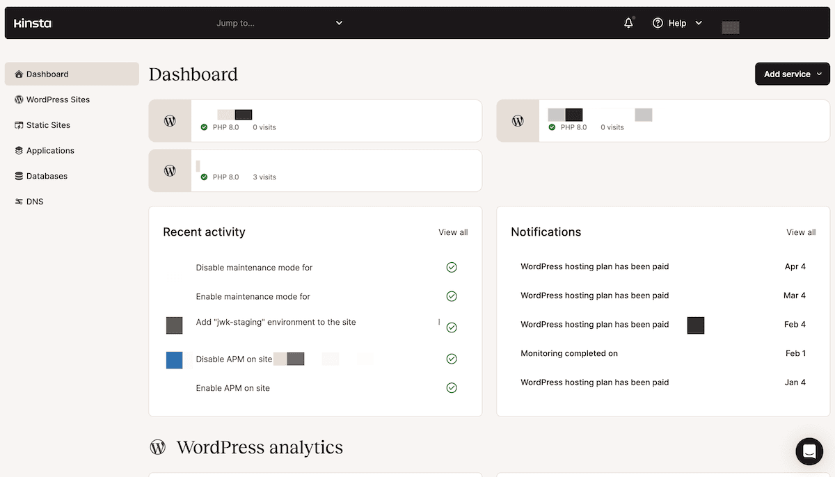 An image of the MyKinsta dashboard that displays an overview of hosted WordPress sites. It includes a PHP version number and recent visit counts. There are Recent activity section logs, and the Notifications area shows messages about paid WordPress hosting plans and monitored sites.