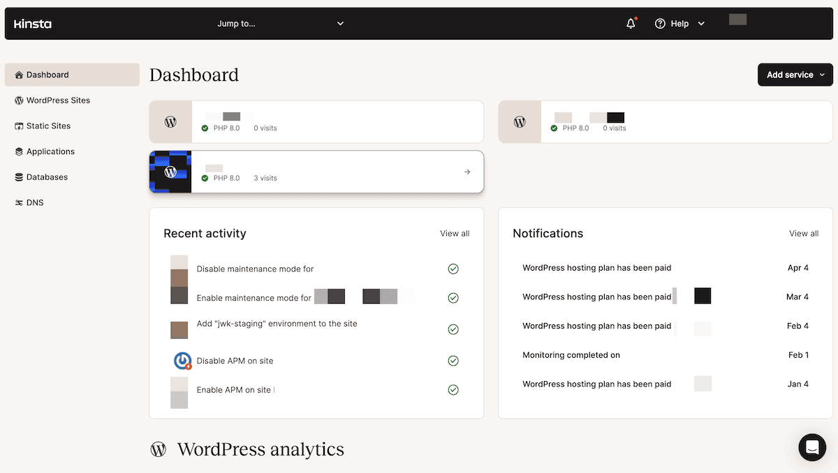 An overview of the MyKinsta dashboard. It shows recent activity like enabling maintenance mode, enabling AFM, and WordPress hosting plan payment notifications. Visits and usage of PHP and WordPress sites are also summarized. The left sidebar provides navigation to various sections of the application.