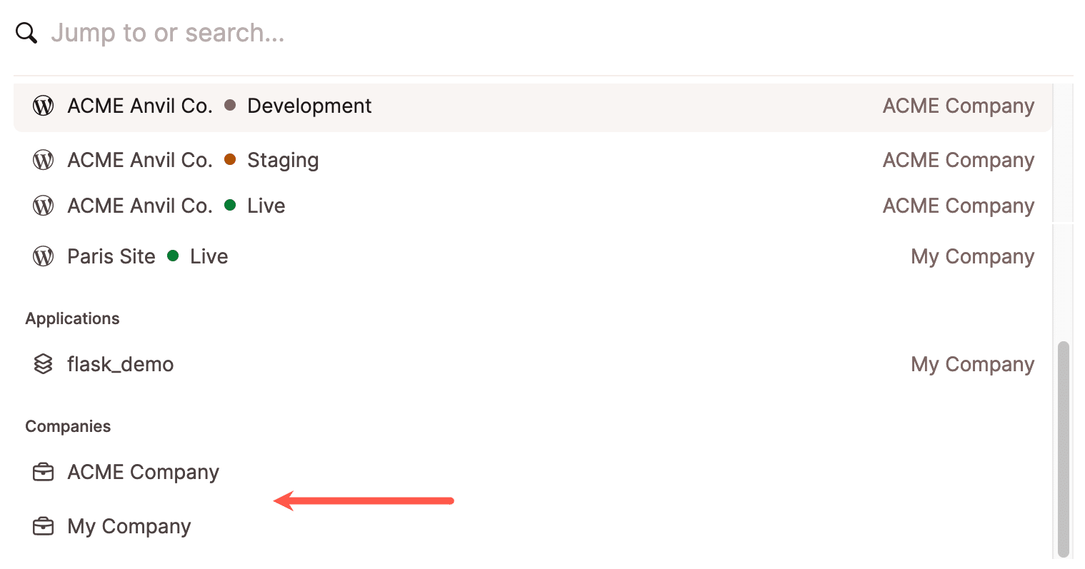 Screenshot showing companies listed in he Jump to or search dialog in MyKinsta.