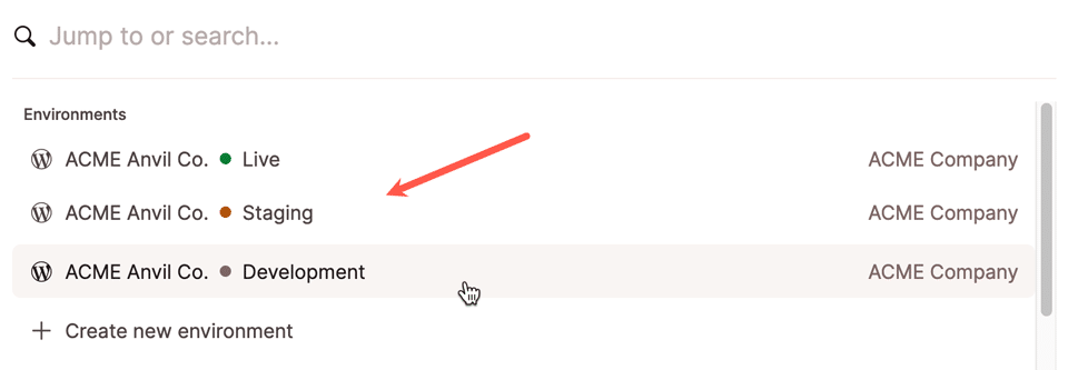 Screenshot showing a WordPress site's environments listed in the Jump to or search dialog.