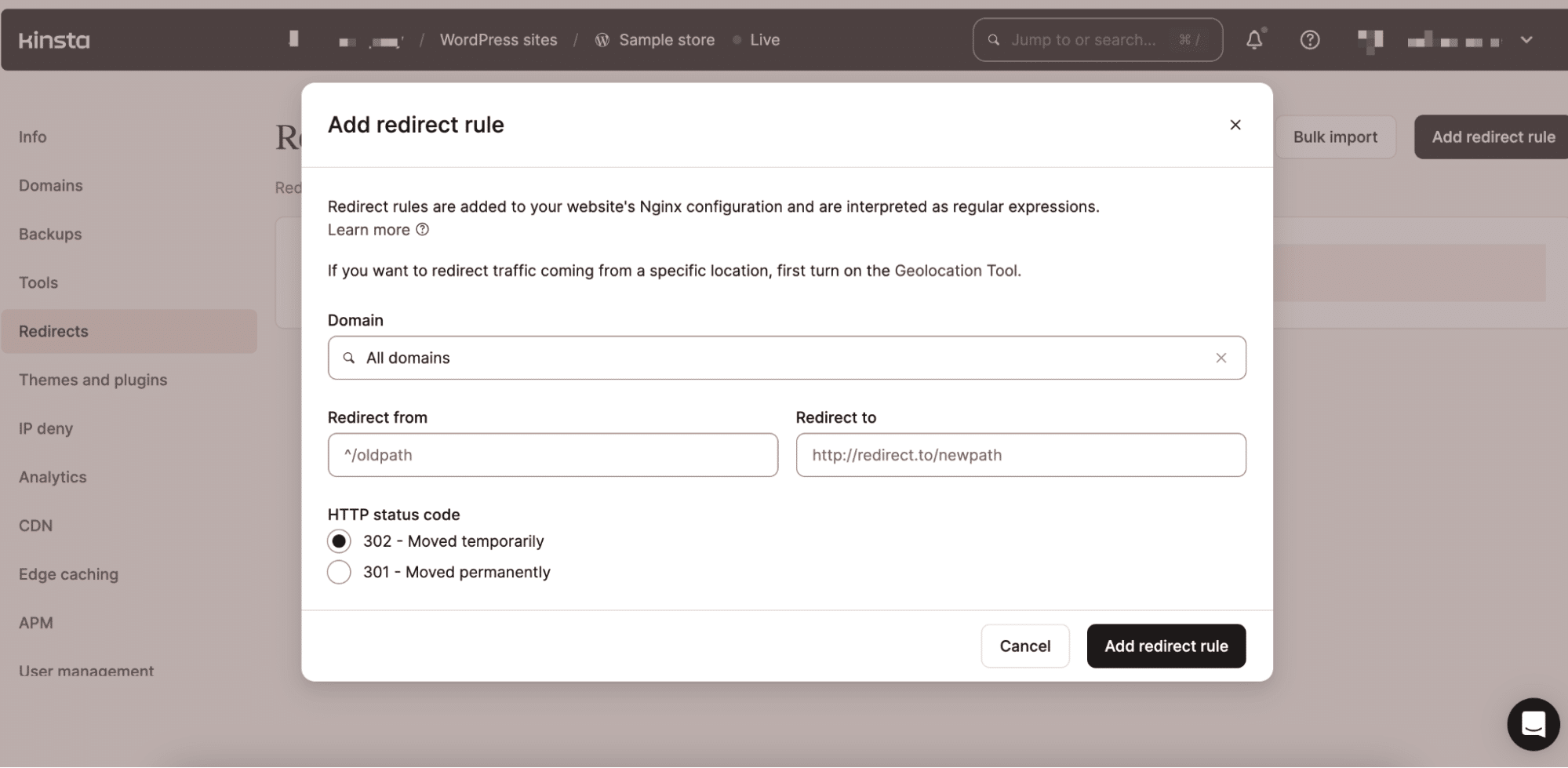 Painel MyKinsta mostrando a seção Redirecionamentos.