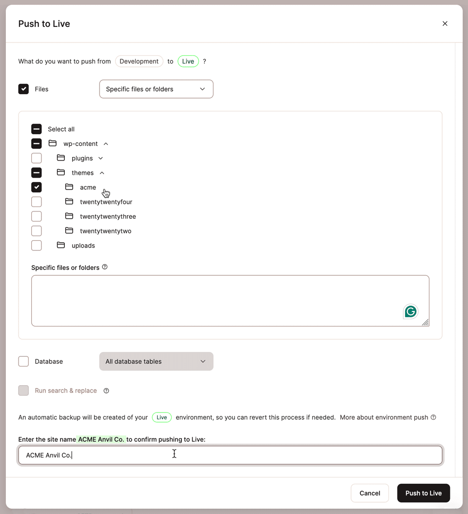 Seleção de arquivos e ativos do banco de dados para envio a partir do ambiente de teste.