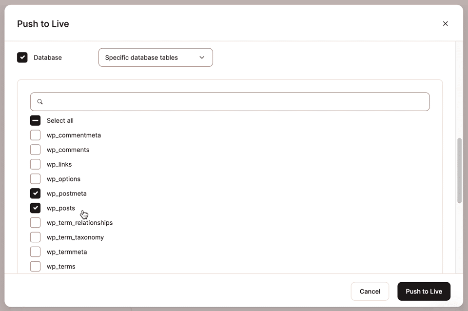 Sélection des tables individuelles de la base de données à pousser à partir de l'environnement de staging.