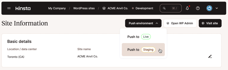 Een doel selecteren voor de<strong> Push environment </strong>actie.