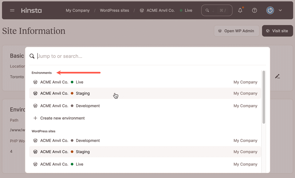 Choix d'un environnement live ou de staging dans la boîte de dialogue Aller à/Rechercher de MyKinsta.