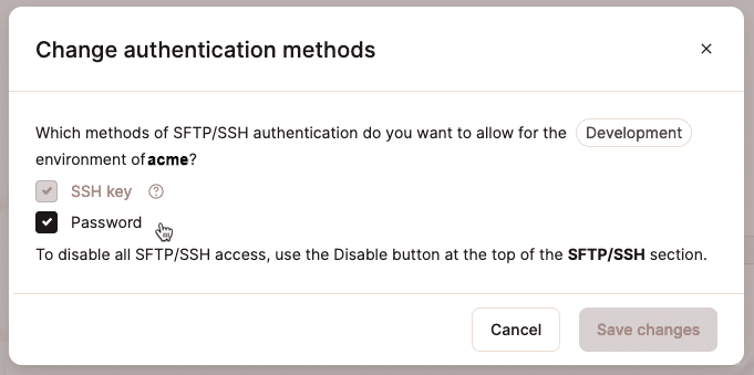 Captura de pantalla que muestra el cuadro de diálogo para seleccionar los métodos de autenticación SFTP/SSH en MyKinsta.
