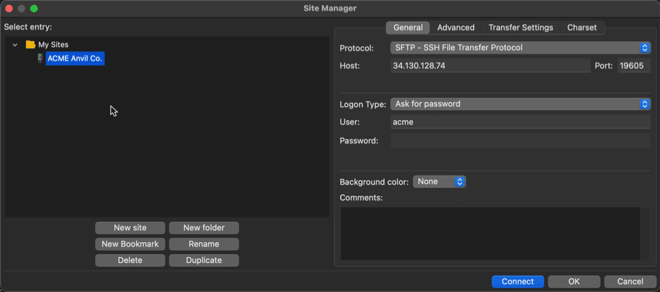 Schermata che mostra la finestra di dialogo di FileZilla Site Manager con i dati importati da un file di configurazione SFTP/SSH.