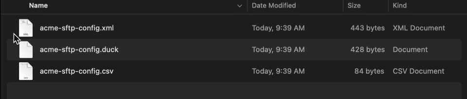 Screenshot showin the list of files found in an SFTP/SSH configuration download ZIP archive.