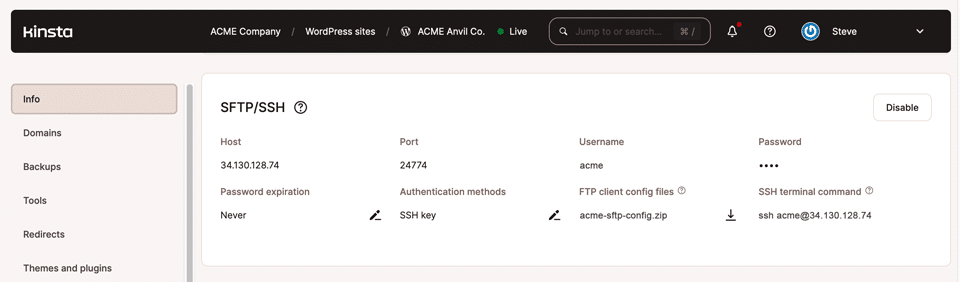 SFTP/SSH configuratiedetails voor een WordPress site op de Site info pagina.