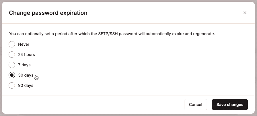 Captura de pantalla que muestra el cuadro de diálogo para seleccionar un periodo de caducidad para las contraseñas SFTP/SSH en MyKinsta.