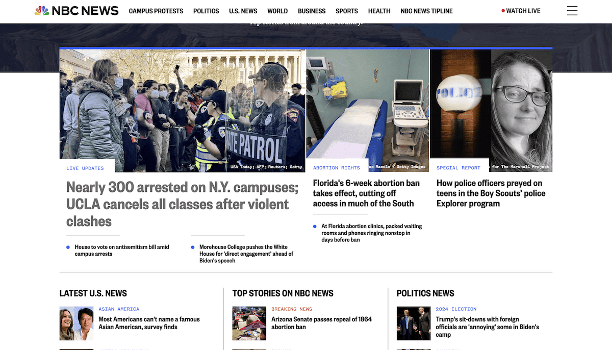 The homepage of the NBC News website, featuring a prominent header with navigation links to different news sections. There’s a main breaking news story accompanied by relevant images. Surrounding this are other top stories, a special report, and a video player for live streaming. The homepage also highlights the latest U.S. news, top stories, and political news.
