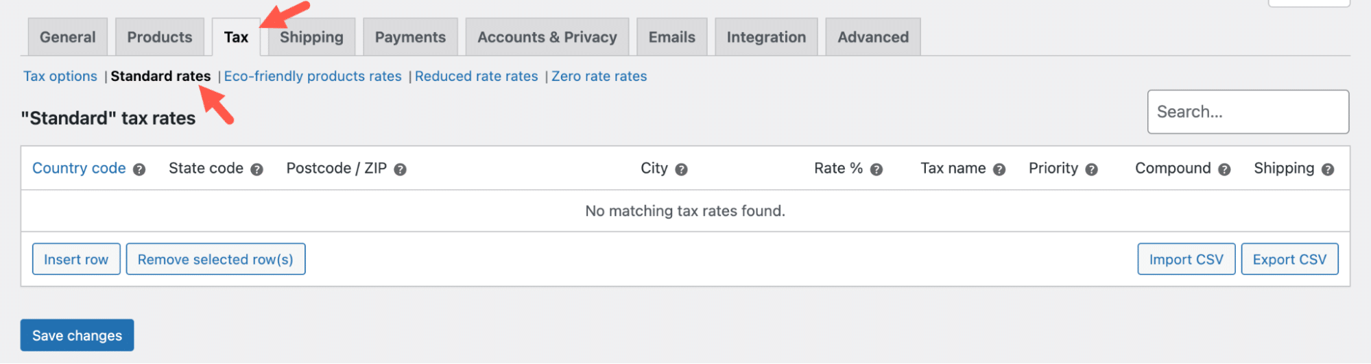 Configurez le taux de taxe standard.