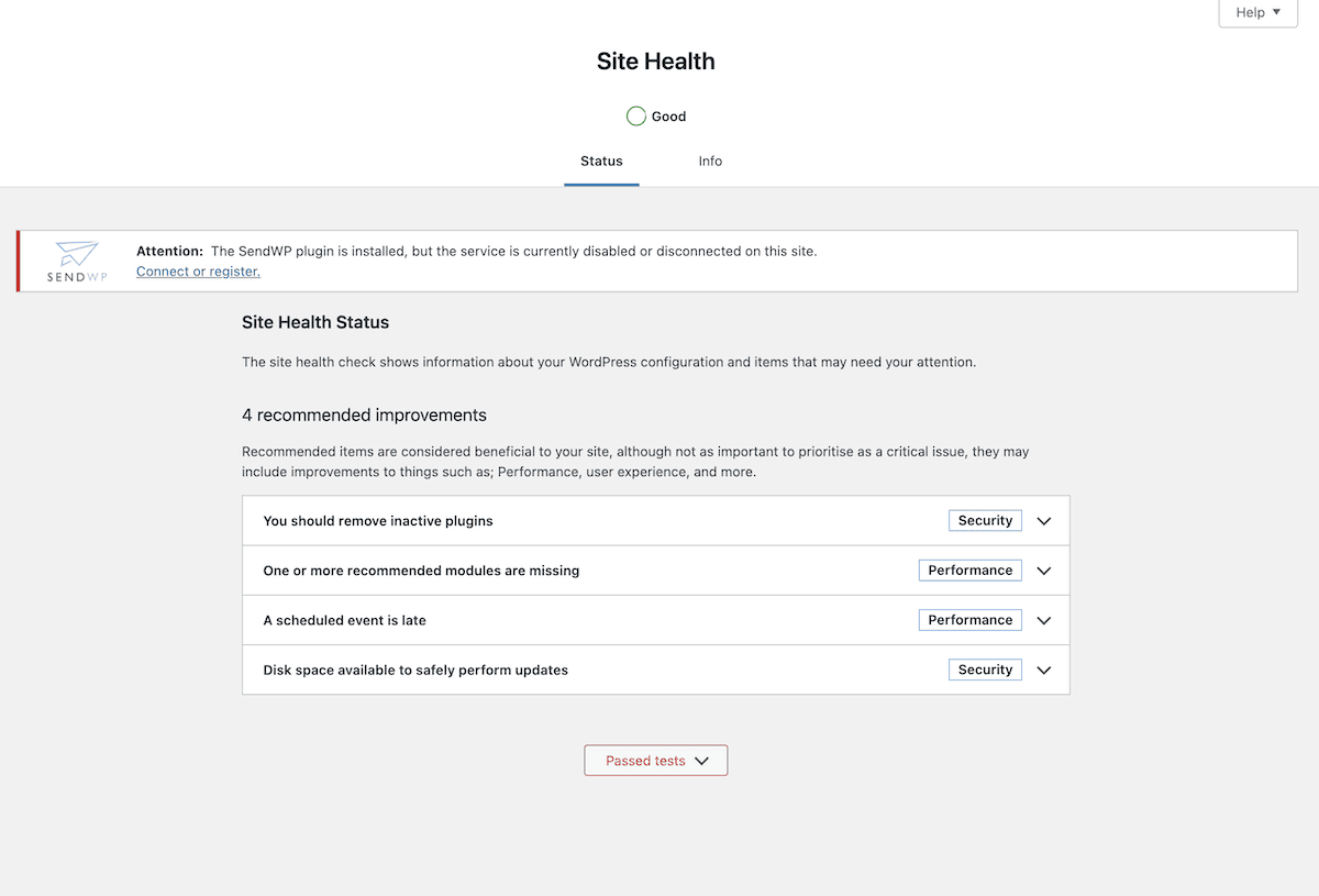 A WordPress site health dashboard showing an overall status of "Good". A notification indicates that the SendWP plugin is installed but currently disabled or disconnected. The site health check shows four recommended improvements related to security, performance, and other factors. These include removing inactive plugins, addressing missing modules, resolving a late scheduled event, and ensuring disk space is available for updates.