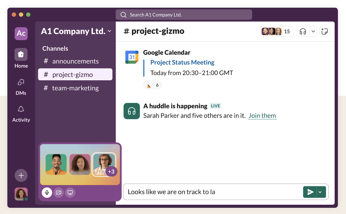 A mockup of a Slack app window. It shows a team collaboration app interface for "A1 Company Ltd." with a sidebar listing channels such as Announcements, project-gizmo, and team-marketing. The project-gizmo channel displays upcoming events from a Google Calendar integration, including a "Project Status Meeting" scheduled for later that day. It also shows a notification about an ongoing "huddle" video call.