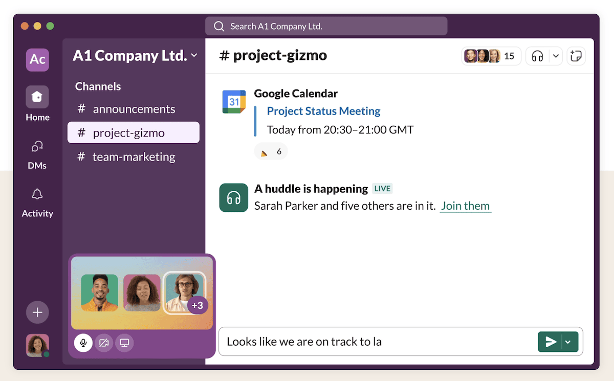 Een mockup van het venster van een Slack-app. Het toont een app-interface voor teamsamenwerking voor "A1 Company Ltd." met een zijbalk met kanalen zoals Announcements (Aankondigingen), project-gizmo en team-marketing. Het project-gizmo kanaal toont aankomende gebeurtenissen van een Google Agenda-integratie, waaronder een "Project Status Meeting" gepland voor later die dag. Het toont ook een melding over een lopend "huddle" videogesprek.